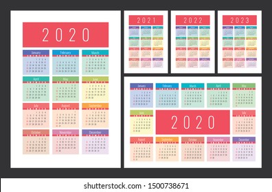 Calendar 2020, 2021, 2022 and 2023. English color vector set. Vertical and horizontal wall or pocket calender template. Colorful big design collection. New year. Week starts on Sunday
