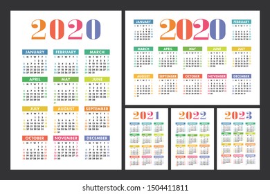 Calendar 2020, 2021, 2022 and 2023. English color vector set. Kid's wall or pocket calender template. Colorful big design collection. New year. Week starts on Sunday