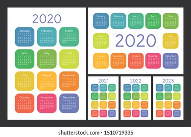 Calendar 2020, 2021, 2022 and 2023. English color vector set. Wall or pocket calender template. Colorful big design collection. New year. Week starts on Sunday