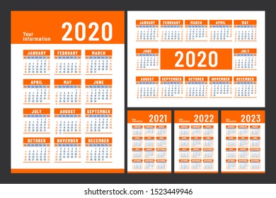 Calendar 2020, 2021, 2022 and 2023. English color vector set. Wall or pocket calender template. Big design collection. Week starts on Sunday