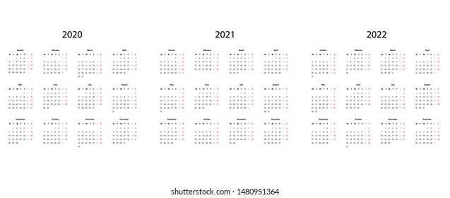  Calendar  2020, 2021 and 2022 - simple template