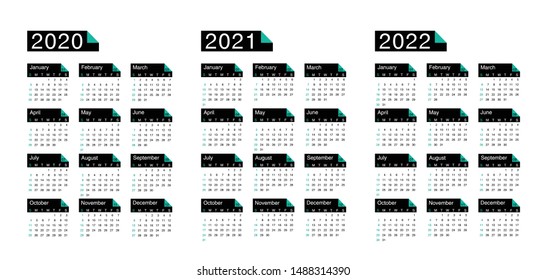 calendar 2020, 2021 and 2022, week starts on sunday, basic business template. vector illustration in black with turquoise colors