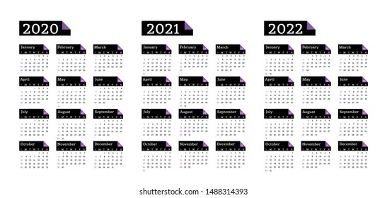 calendar 2020, 2021 and 2022, week starts on sunday, basic business template. vector illustration in black with purple colors