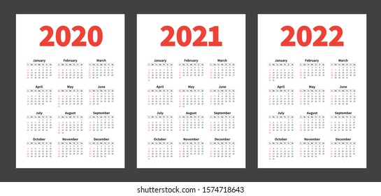Calendar 2020 2021 2022 year - vector vertical calender. Week starts on Sunday