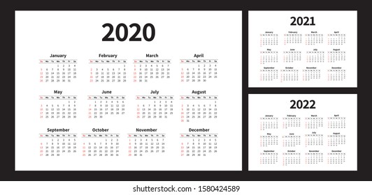 Calendar 2020 2021 2022 year - vector Horizontal calender. Week starts on Sunday