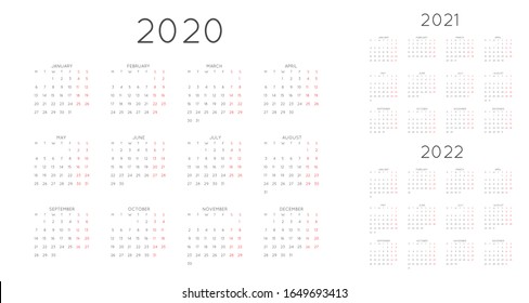 Calendar 2020, 2021, 2022 year. Week starts on Monday. Stationery planner 2020. Horizontal orientation calendar organizer. Calendar template set 2020 2021 2022 year. Vector illustration