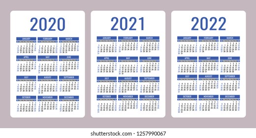 Calendar 2020, 2021, 2022 years. Vertical vector pocket calender design template. Set. Week starts on Sunday