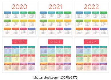 Calendar 2020, 2021, 2022 years. Pocket calender. Colorful set. Week starts on Sunday. Basic grid
