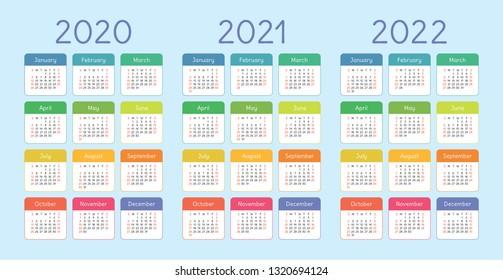 Calendar 2020, 2021, 2022 years. Vertical vector calender design template. Colorful set. Week starts on Sunday