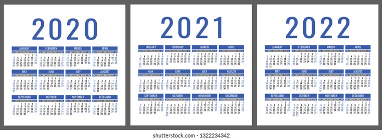 Calendar 2020, 2021, 2022 years. Vertical vector calender design template. Blue color set. Week starts on Sunday