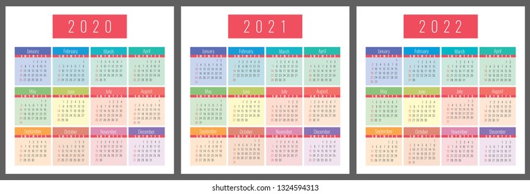 Calendar 2020, 2021, 2022 years. Vertical vector calender design template. Colorful set. Week starts on Sunday