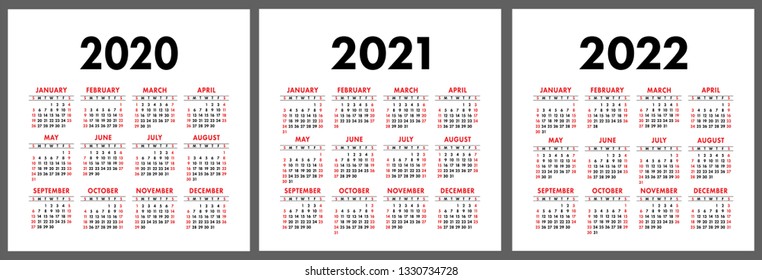 Calendar 2020, 2021, 2022 years. Vertical vector calender design template. Simple set. Week starts on Sunday