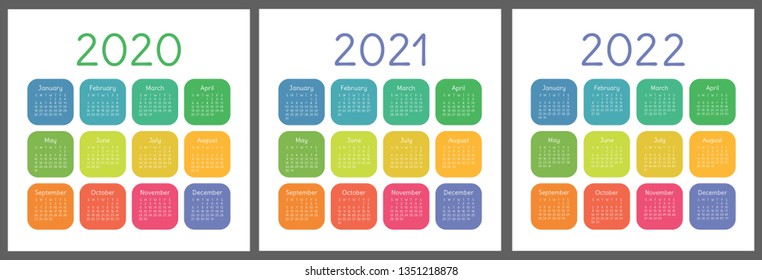 Calendar 2020, 2021, 2022 years. Vertical vector calender design template. Colorful set. Week starts on Sunday
