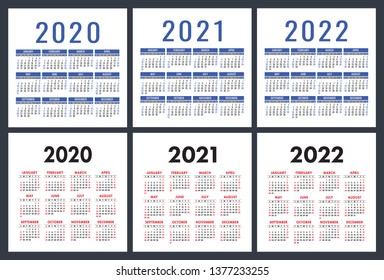 Calendar 2020, 2021, 2022 years. Pocket calender. English vector set. Week starts on Sunday. Basic grid