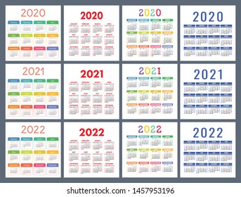 Calendar 2020, 2021, 2022 years. Pocket calender. Colorful set. Week starts on Sunday. Basic grid