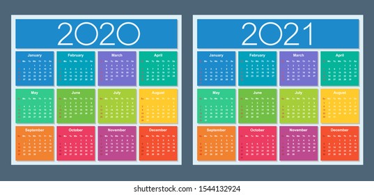 Calendar 2020 2021. Colorful vector set. Week starts on Sunday. Isolated illustration.