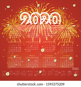 Calendar of 2020 and 2021 with firework on red background, stock vector