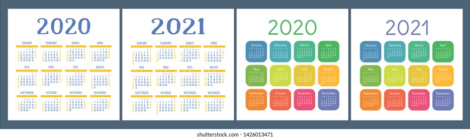 Calendar 2020, 2021. Square vector calender design template. English colorful set. Week starts on Sunday. New year