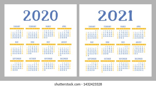 Calendar 2020, 2021. Square vector calender design template. English colorful set. Week starts on Sunday. New year