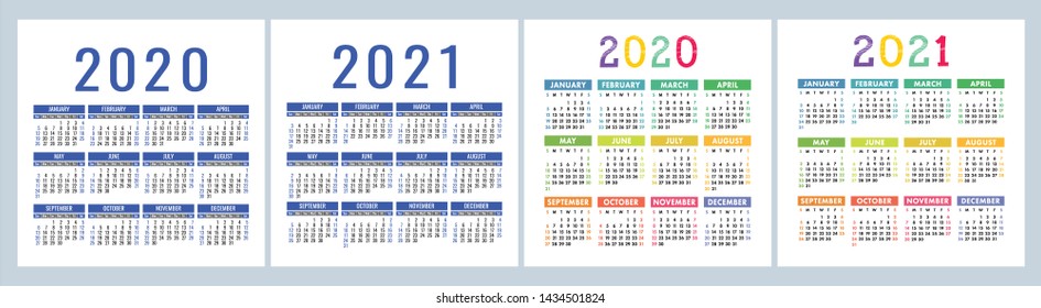 Calendar 2020, 2021. Square vector calender design template. English colorful set. Week starts on Sunday. New year