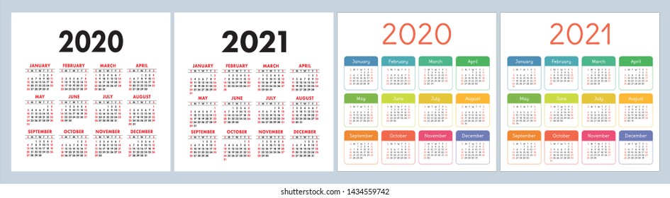Calendar 2020, 2021. Square vector calender design template. English colorful set. Week starts on Sunday. New year