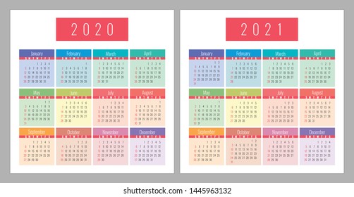 Calendar 2020, 2021. Square vector calender design template. English colorful set. Week starts on Sunday. New year