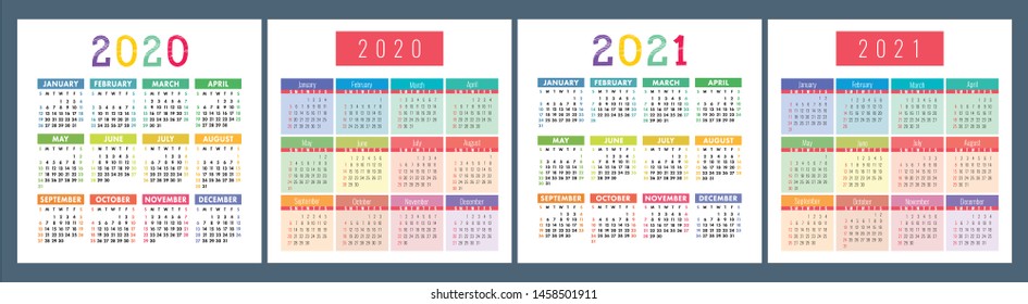 Calendar 2020, 2021. Square vector calender design template. English colorful set. Week starts on Sunday. New year