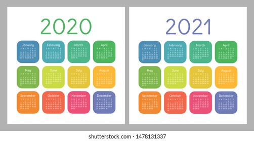 Calendar 2020, 2021. Square vector calender design template. English colorful set. Week starts on Sunday. New year