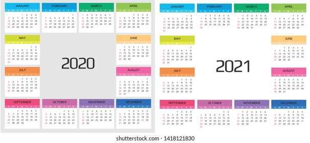 Calendar 2020 and 2021 template. 12 Months. include holiday event. Week Starts Sunday