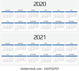 Calendar 2020 and 2021 template. 12 Months. include holiday event