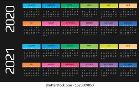 Calendar 2020 and 2021 template. 12 Months. include holiday event