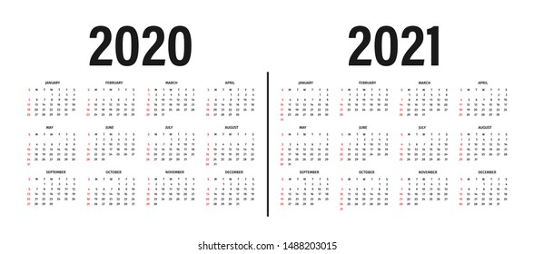 Calendar 2020 and 2021 template. Calendar design in black and white colors, holidays in red colors, week starts on sunday. Vector