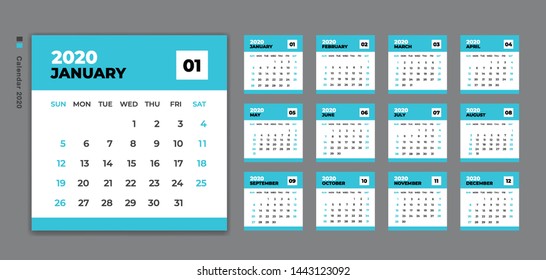 Calendar 2020, 2021 template, Desk Calendar layout, Week Starts on Sunday. Set of 12 Months. planner template. Blue background. vector Eps10. 