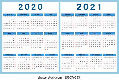 Calendar 2020 and 2021 vector illustration. The week starts on Sunday