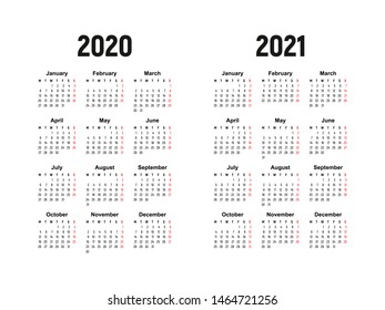 calendar 2020 and 2021, week starts on Monday, basic business template. vector illustration