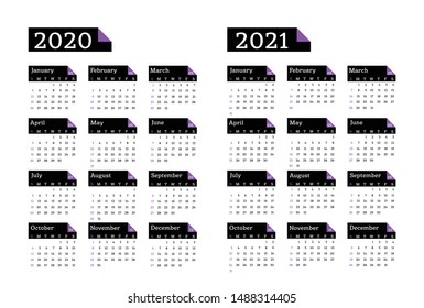 calendar 2020, 2021, week starts on sunday, basic business template. vector illustration in black with purple colors