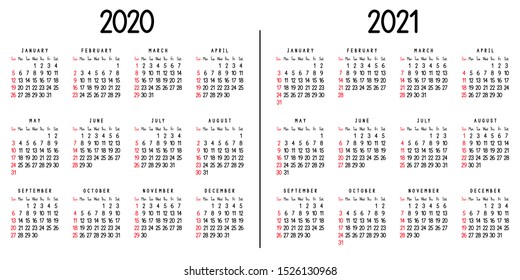 Calendar 2020 and 2021. Week starts from Sunday. Vector illustration.