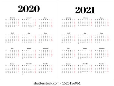 Calendar 2020, 2021 year. Black and white vector template. Basic grid. Pocket square calender. Ready design