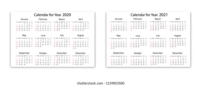 Calendar 2020 and 2021 year in simple style on white background. Week starts from Sunday. Vector illustration.