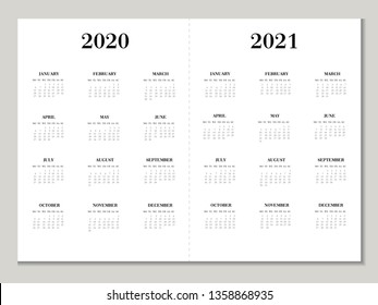 Calendar 2020 2021 year. Vector calendar template in black and grey colors. Week starts on Monday.
