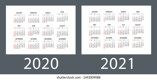 Calendar 2020 2021 year - vector illustration. Week starts on Sunday