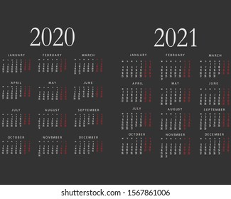 Calendar 2020 2021 year - vector illustration. Week starts on Sunday
