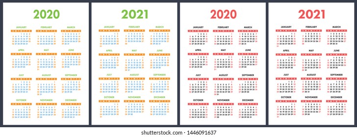 Calendar 2020, 2021 years. Color vector set. Week starts on Sunday. Vertical English calender design template