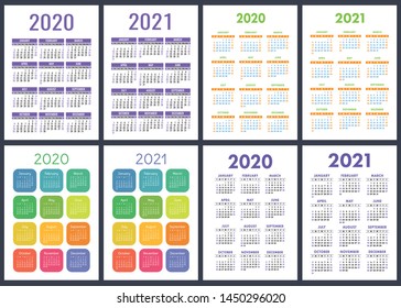 Calendar 2020, 2021 years. Colorful vector set. Week starts on Sunday. Vertical English calender design template