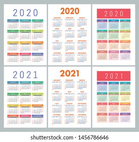 Calendar 2020, 2021 years. Colorful vector set. Week starts on Sunday. Vertical English calender design template