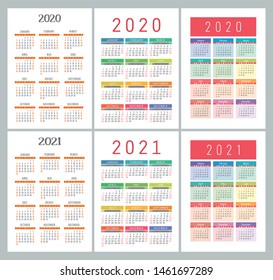Calendar 2020, 2021 years. Colorful vector set. Week starts on Sunday. Vertical English calender design template