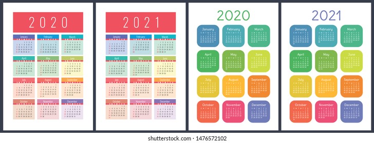 Calendar 2020, 2021 years. Colorful vector set. Week starts on Sunday. Vertical English calender design template