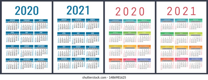 Calendar 2020, 2021 years. Colorful vector set. Week starts on Sunday. Vertical English calender design template