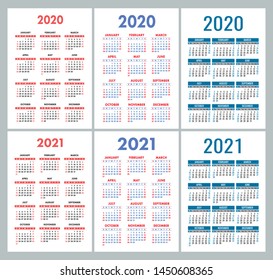 Calendar 2020, 2021 years. Vector basic set. Week starts on Sunday. Vertical English calender design template