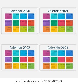 Calendar 2020, 2021,2022 and 2023 Calendar template.Calendar design.Yearly calendar vector design stationery template.Vector illustration.